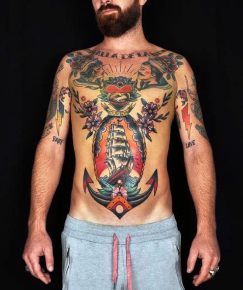 Guys Old School Traditional Anchor Themed Chest Tattoos