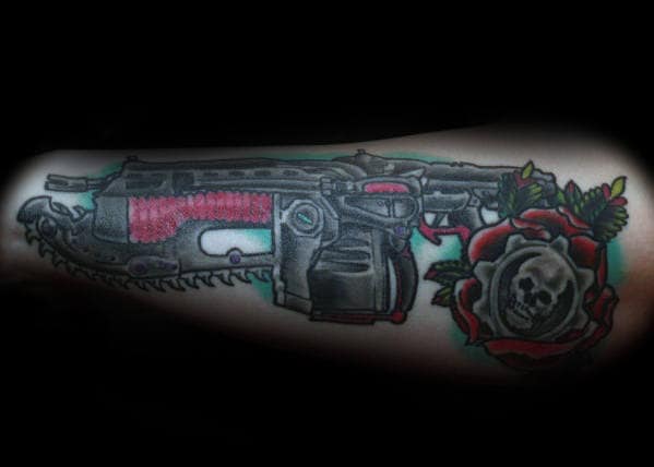 Guys Old School Traditional Gears Of War Rose Flower Outer Arm Tattoo