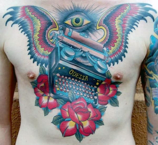Guys Old School Typewriter Wings Tattoo On Chest
