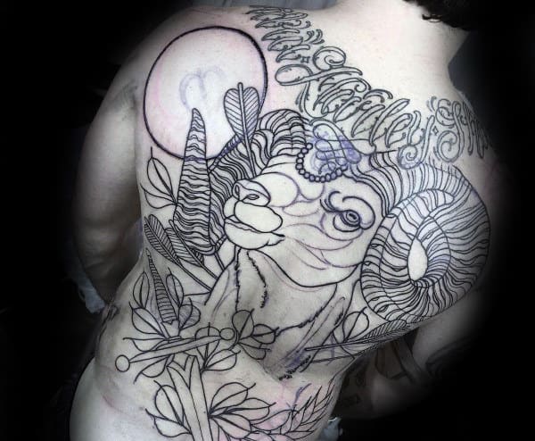 Guys Old Scool Ram Black Ink Outline Full Back Tattoos With Arrow And Sword