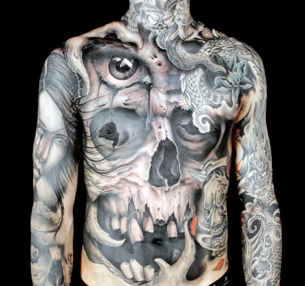 Guys Optical Illusion Skull With Eyes Mens Full Body Chest Tattoo