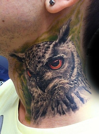 Guys Orange Eyed Owl Neck Tattoos With Realistic Design