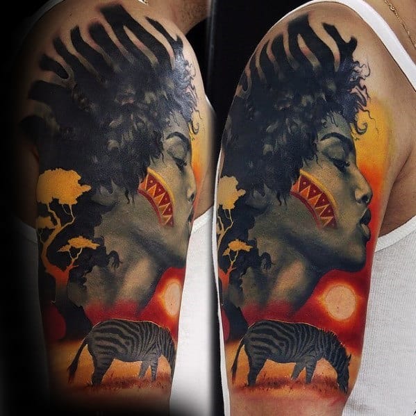 Guys Orange Red And Black Ink Africa Half Sleeve Tattoos