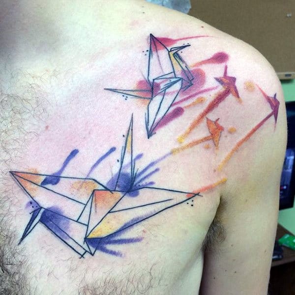 Guys Origami Watercolor Birds Flying Tattoo On Chest And Shoulder