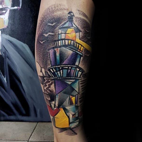 Guys Original Lighthouse Colorful Sketched Leg Tattoo