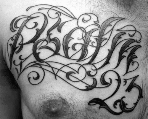 Guys Ornate Psalm 23 Lettering Upper Chest Tattoos