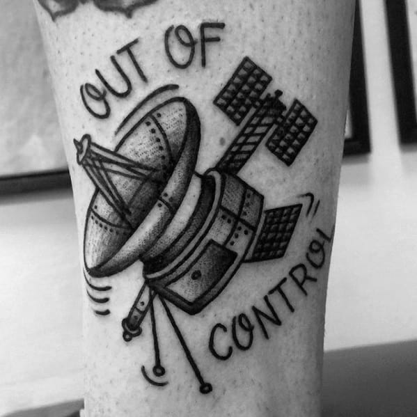 Guys Out Of Control Traditional Lower Leg Satellite Tattoo Design Ideas