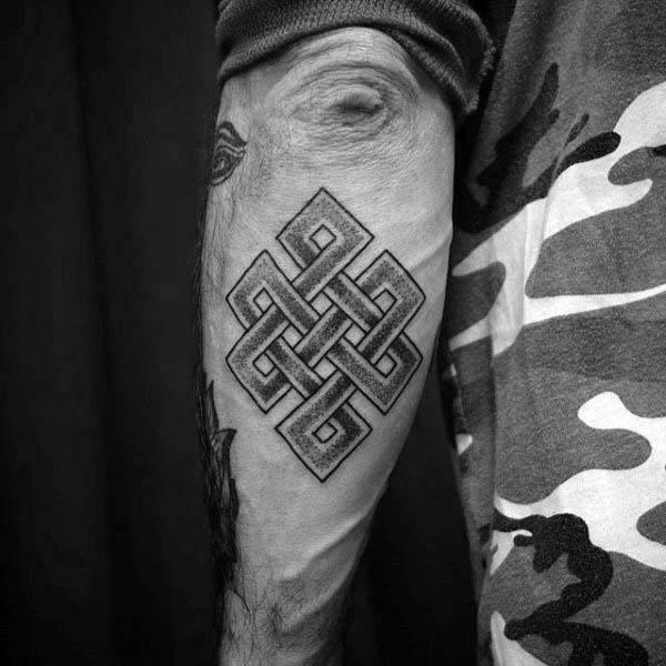 Guys Outer Elbow Dotwork Endless Knot Tattoo Design