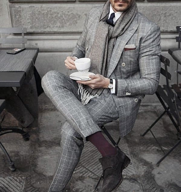 Guys Outfits Charcoal Grey Suit Brown Shoes And Grey Scarf Ideas