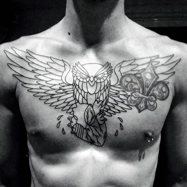 Guys Outline Owl And Heart Tattoo On Chest