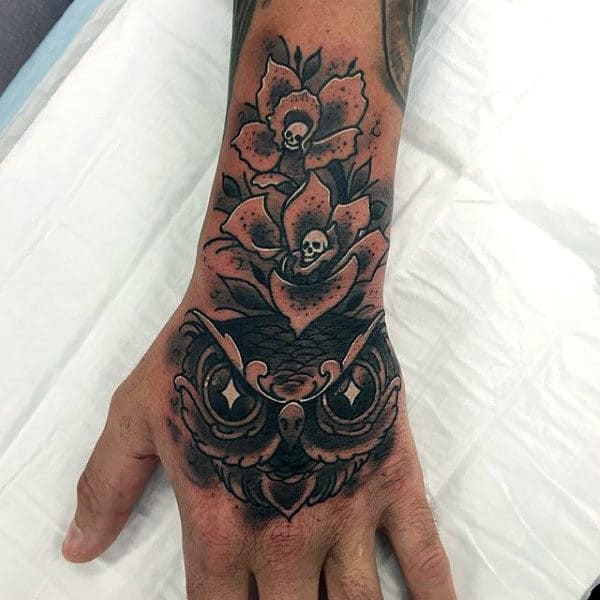Guys Owl Orchid Skull Flower Tattoos On Hand And Wrist