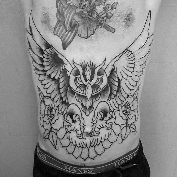 Guys Owl Rose Flowers Stomach Traditional Tattoos