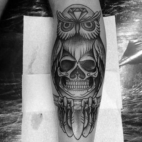 Guys Owl Skull Leg Tattoo Design Ideas