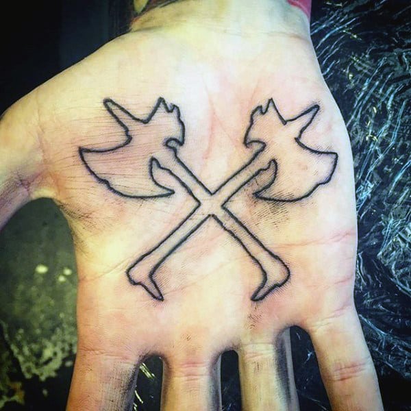 Guys Palms Cross Axes Tattoo
