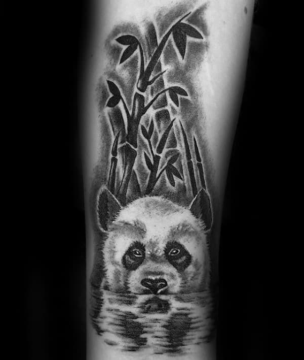 Guys Panda In Water With Bamboo Forearm Tattoos