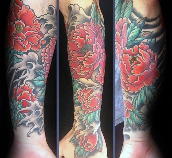 Guys Peony Forearm Sleeve Tattoo With Ocean Waves