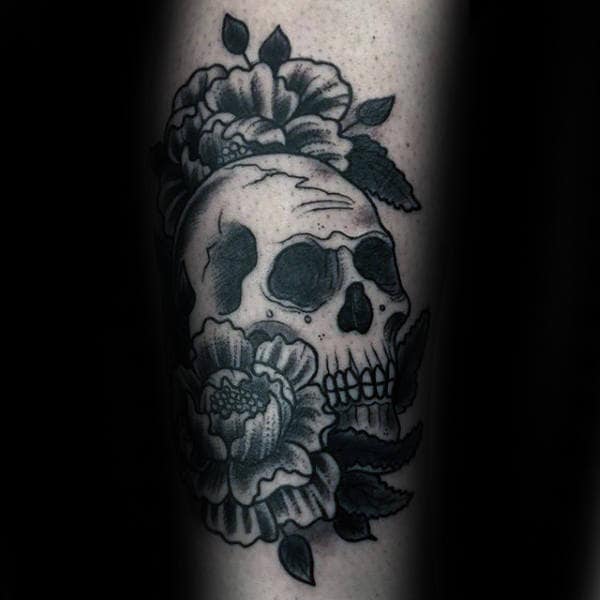 Guys Peony Shaded Skull Arm Tattoos