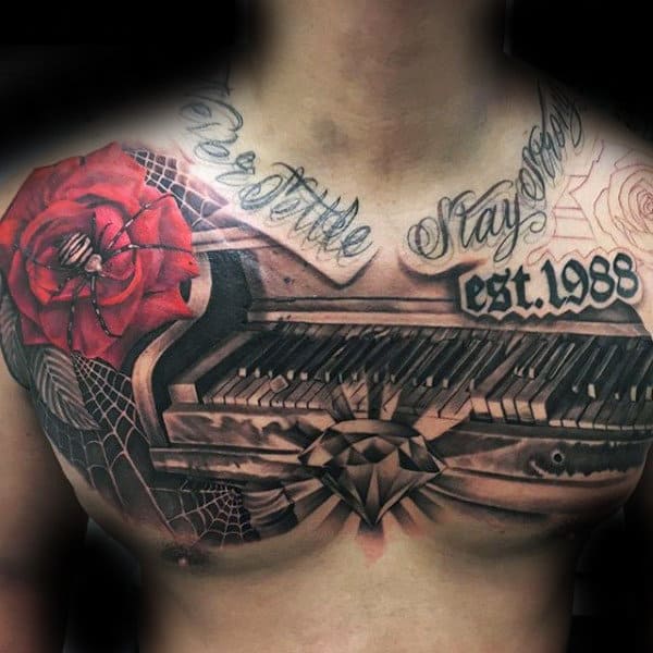 Guys Piano Upper Chest Tattoo With Shaded Design