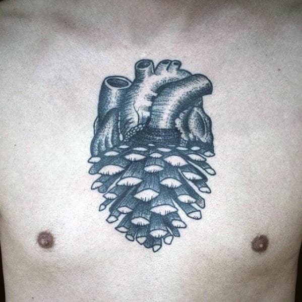 Guys Pine Cone Heart Chest Tattoo