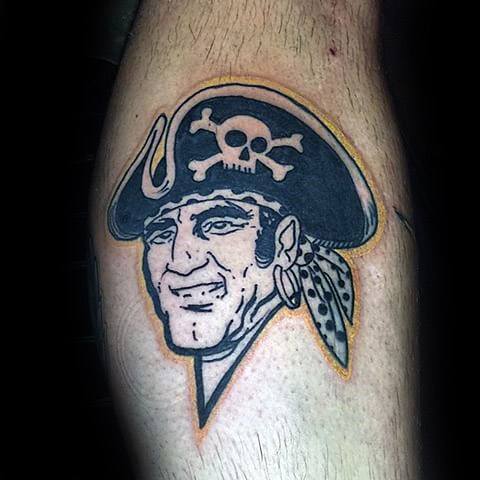Retro-style Pittsburgh Pirates tattoo of a smiling pirate with skull-adorned hat, hoop earring, and polka dot bandana.