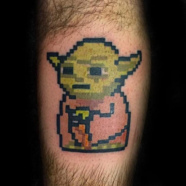 Guys Pixalated Yoda Leg Calf Tattoo