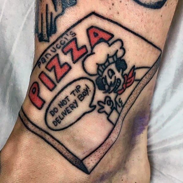 Guys Pizza Box Lower Leg Tattoo Design Ideas