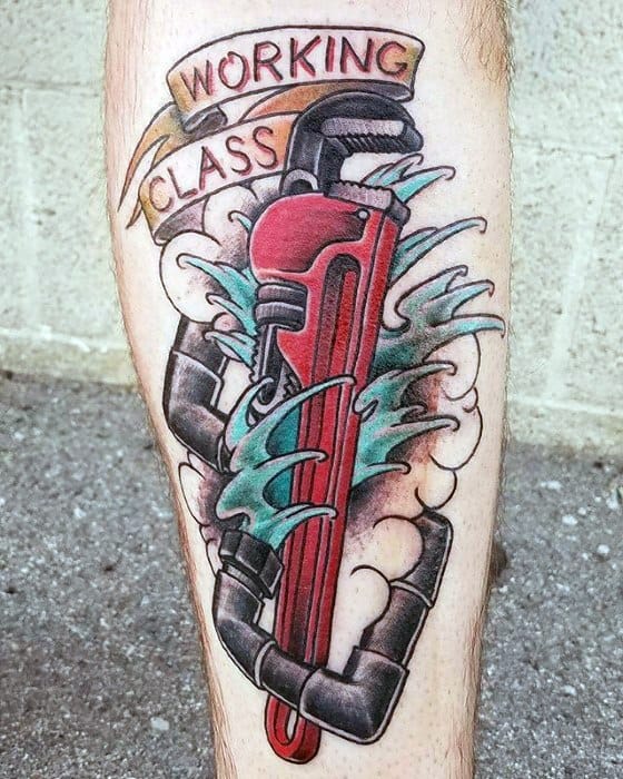 Tattoo of a red pipe wrench surrounded by splashing water and black piping, with a banner reading Working Class above.