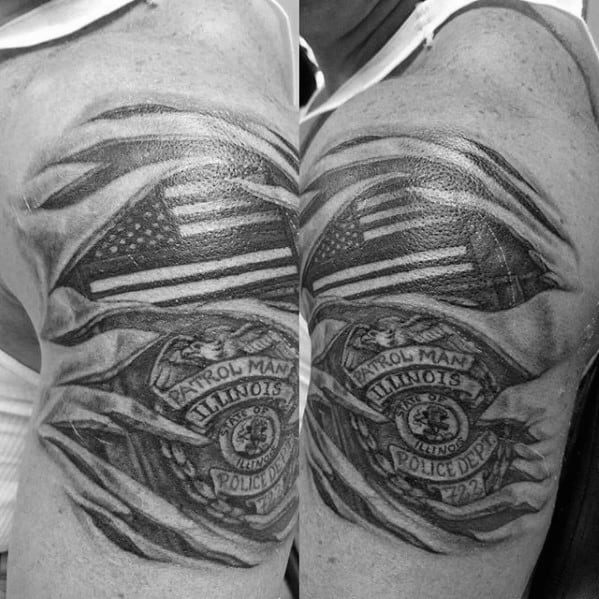 Guys Police Torn Skin American Flag Patch And Badge Tattoo On Arm