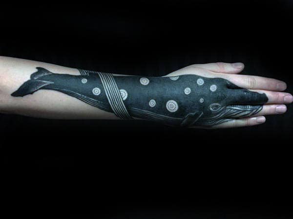 Guys Polka Dot Whale Forearm And Hand Tattoo
