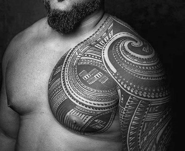 Guys Polynesian Tribal Tattoo On Chest
