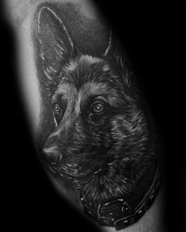 Guys Portrait Dark Shaded Black And Grey Ink German Shepherd Dog Tattoo