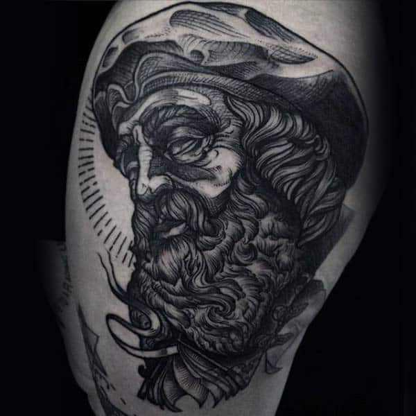 Guys Portrait Woodcut Thigh Tattoo Designs