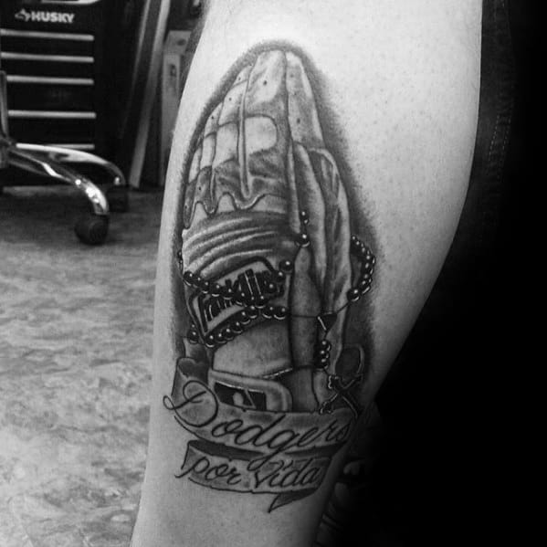 Guys Praying Hands Baseball Gloves Dodgers Tattoo On Arm