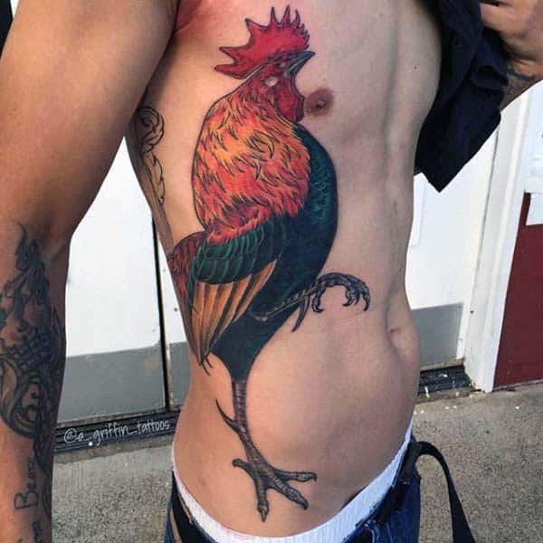 Guys Proud Rooster Tattoo On Side