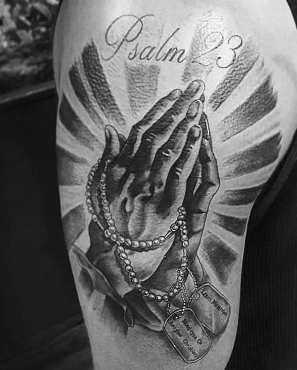 Guys Psalm 23 Praying Hands Arm Tattoos