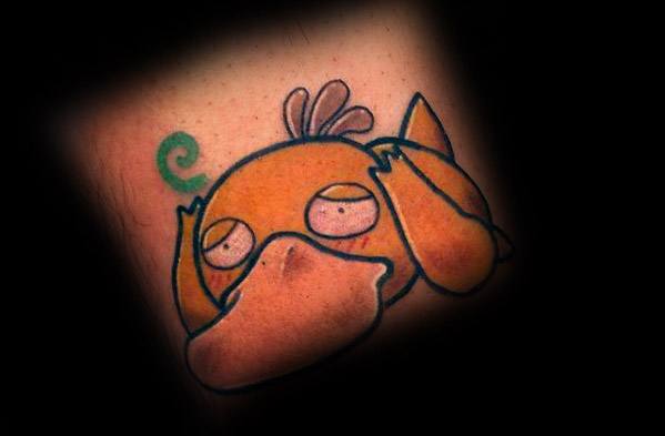 Sleepy Psyduck tattoo design with closed eyes and a dazed swirl above its head, inked in a soft, cartoonish style.
