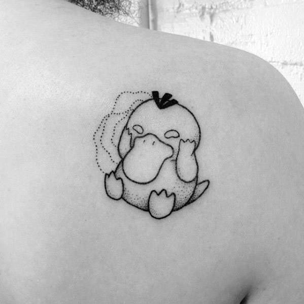 Minimalist Psyduck tattoo in black ink, featuring a dotted headache aura, placed on the upper back of a man.