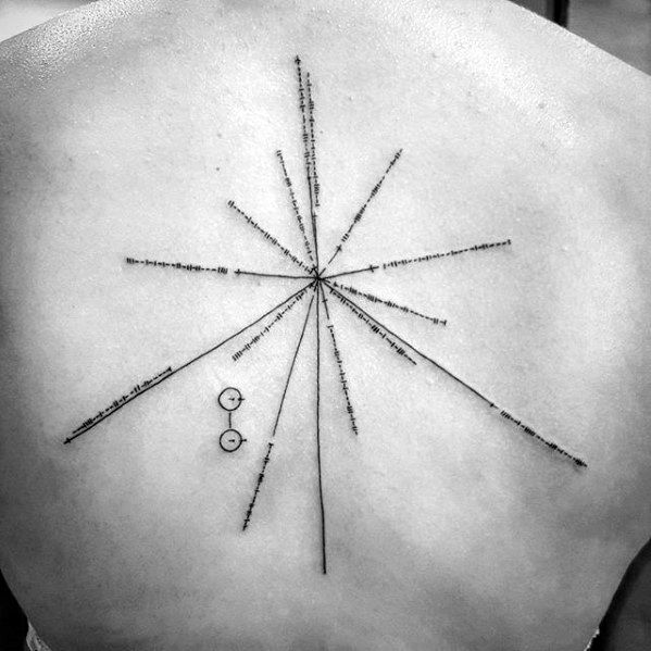 Back tattoo of the Pioneer plaque with radial lines and symbols, resembling a celestial pulsar map