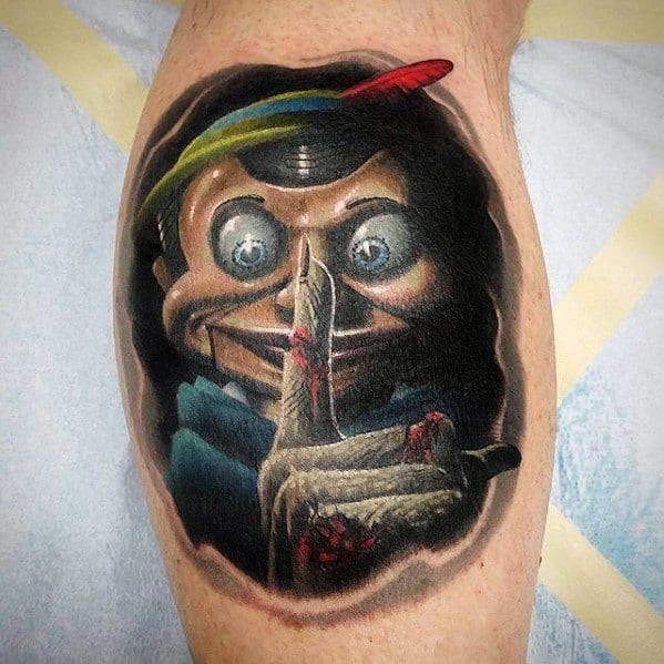 Creepy Pinocchio-inspired puppet tattoo with intense eyes, holding a bloodied finger to his lips in a sinister shushing gesture.