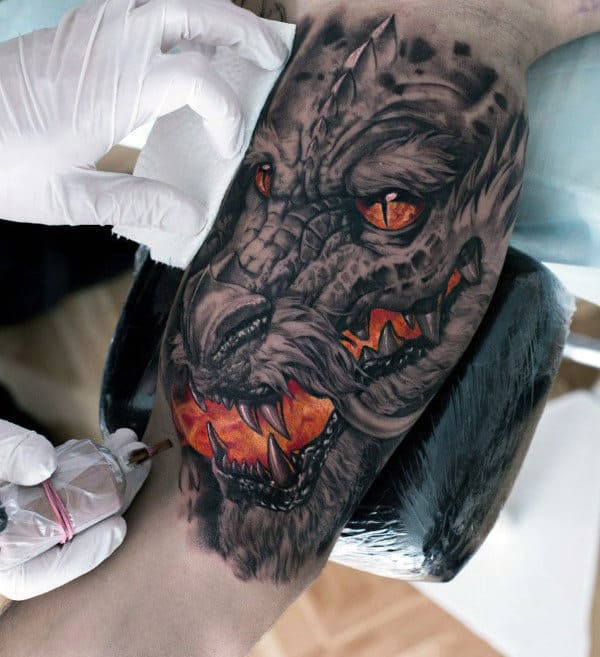 Guys Quarter Sleeve Fiery Burning Beast Tattoo