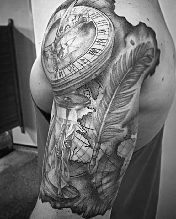 Guys Quill Tattoos Half Sleeve With Map And Sundial Design