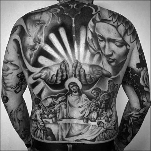 Guys Rad Full Back Shaded Black And Grey Religious Jesus Themed Tattoo Design Ideas