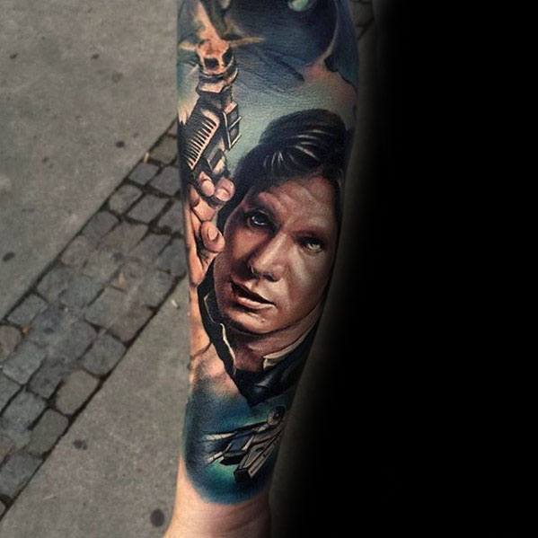 Guys Realistic 3d Han Solo Star Wars Tattoo Forearm Sleeve Deisgns