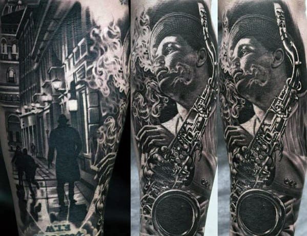 Guys Realistic 3d Saxophone Player Leg Sleeve Tattoo