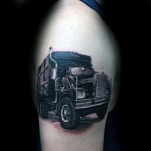 Guys Realistic Big Truck Upper Arm Tattoo With 3d Design