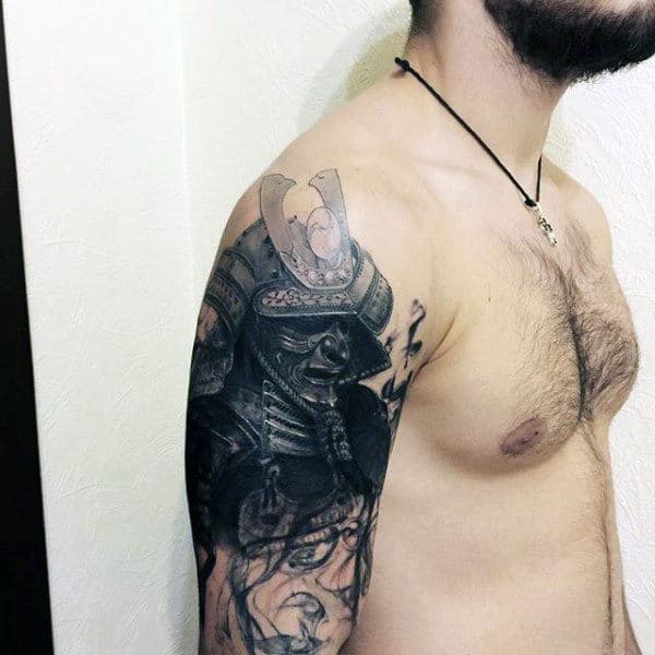 Guys Realistic Black Word Samurai Mask Upper Arm Tattoo