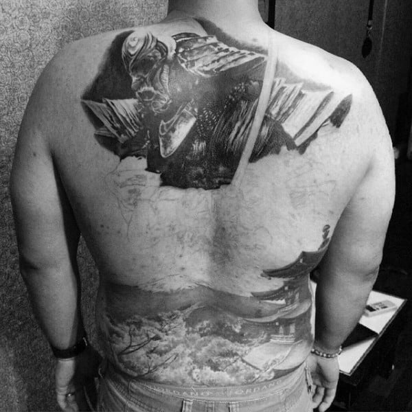 Guys Realistic Black Work Samurai Mask And Traditional Japanese Castle Full Back Tattoo