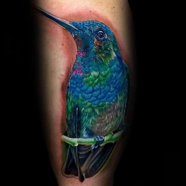 Guys Realistic Blue Hummingbird On A Branch Tattoo