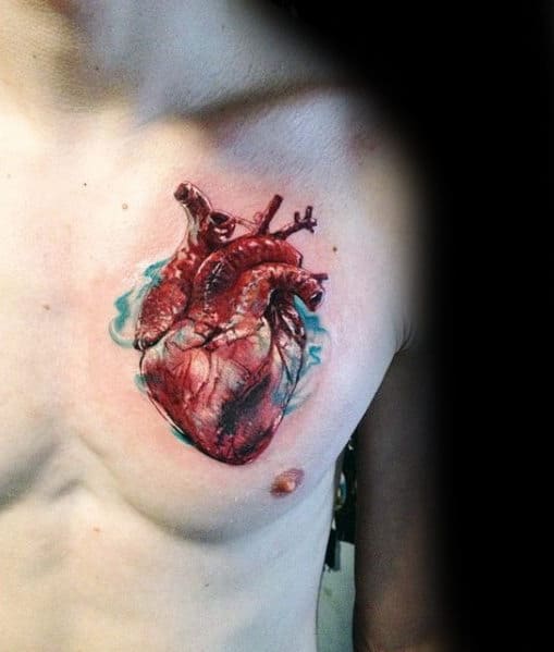 Guys Realistic Heart With Blue Ink Watercolor Design Chest Tattoo