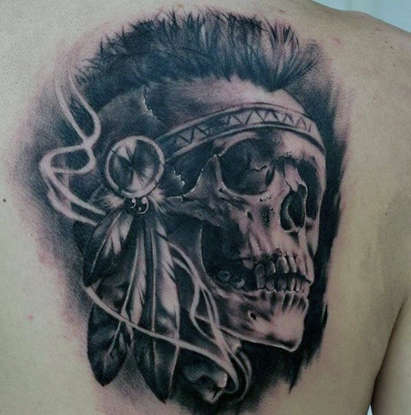 Guys Realistic Indian Skull Back Tattoo